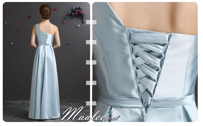 พร้อมส่ง ชุดราตรียาว ชุดเพื่อนเจ้าสาว สีฟ้า แบบ F ไหล่เดียว ผ้าซาติน มีโบว์ช่วงเอว (เชือกผูกด้านหลัง)