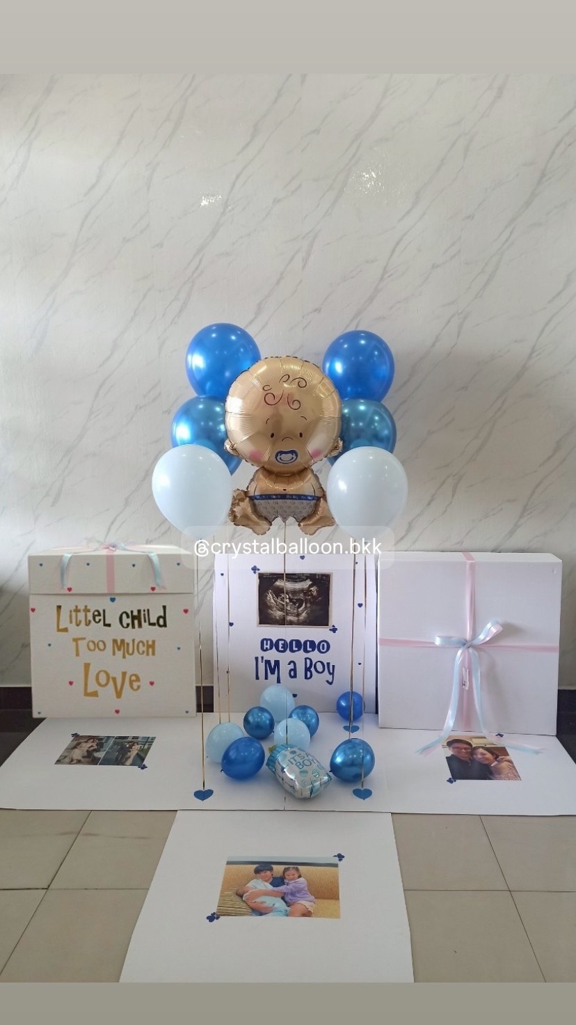 Surprised Box กล่องทายเพศ พร้อมตกแต่ง ลูกโป่ง 4 ลูก ฟอยล์เด็กทารก 1 ชิ้น พร้อมตกแต่ง สามารถใส่รูปได้ 2 รูป สามารถเปลี่ยนสีลูกโป่ง/เปลี่ยนสี-ฟอยล์ตกแต่ง/เปลี่ยนข้อความได้