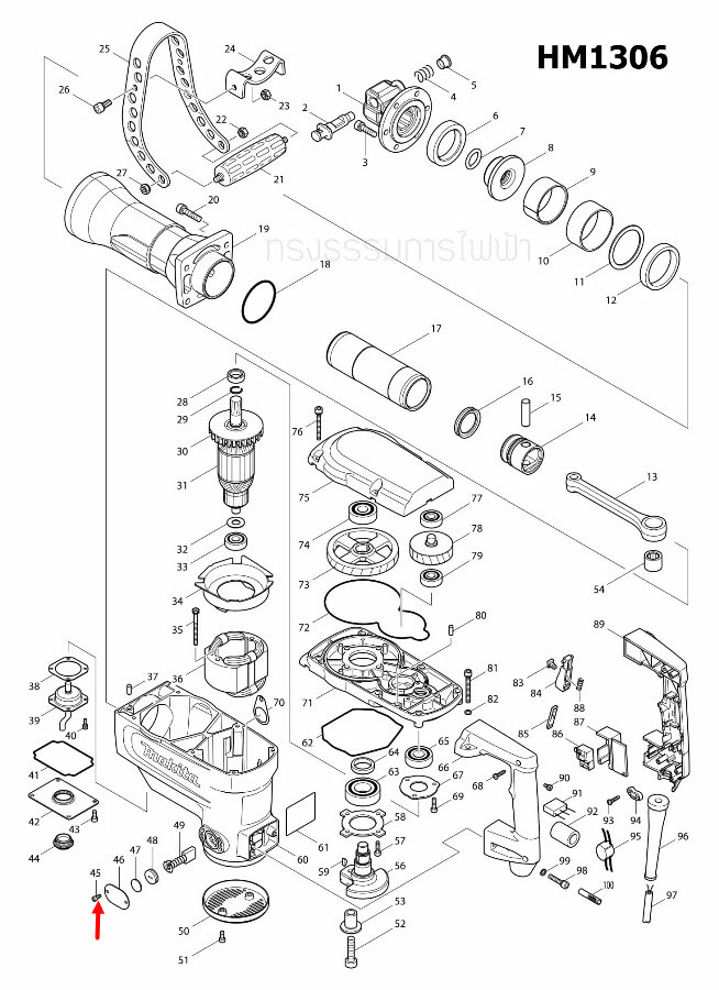 สกรู M4X10 สกัด เจาะพื้น มากีต้า Makita HM1305, HM1306 [#45] Pn.266167-6 (แท้) ##(**)