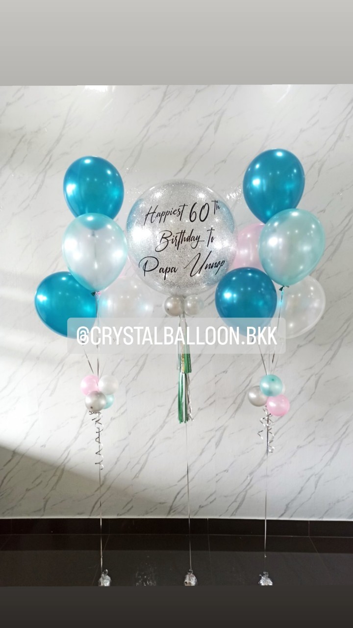 ลูกโป่ง วันเกิด Bubble ขนาด 24" พร้อมตกแต่ง ช่อลูกโป่ง 5 ลูก 2 ช่อ,ลูกโป่งใส ใส่กลิตเตอร์ สามารถเปลี่ยนสีลูกโป่ง/เปลี่ยนข้อความ/เปลี่ยนขนาดได้