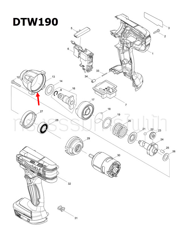 HAMMER CASE COMPLETE บล๊อกไร้สาย Makita มากีต้า DTW190 [#13] Pn.143646-0 (แท้) ##