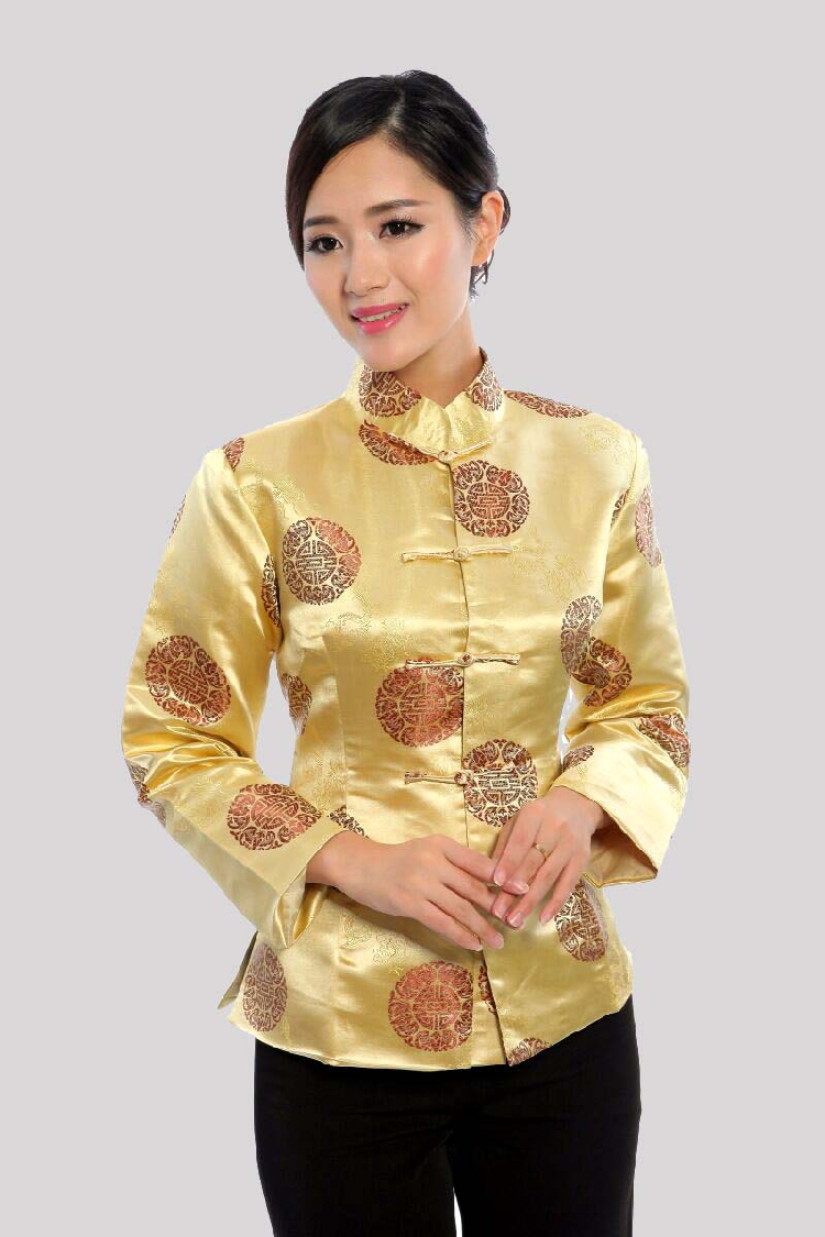 Pre-order เสื้อคอจีน ผู้หญิง ผ้าไหมจีน ทอลาย แขนยาว สีทอง