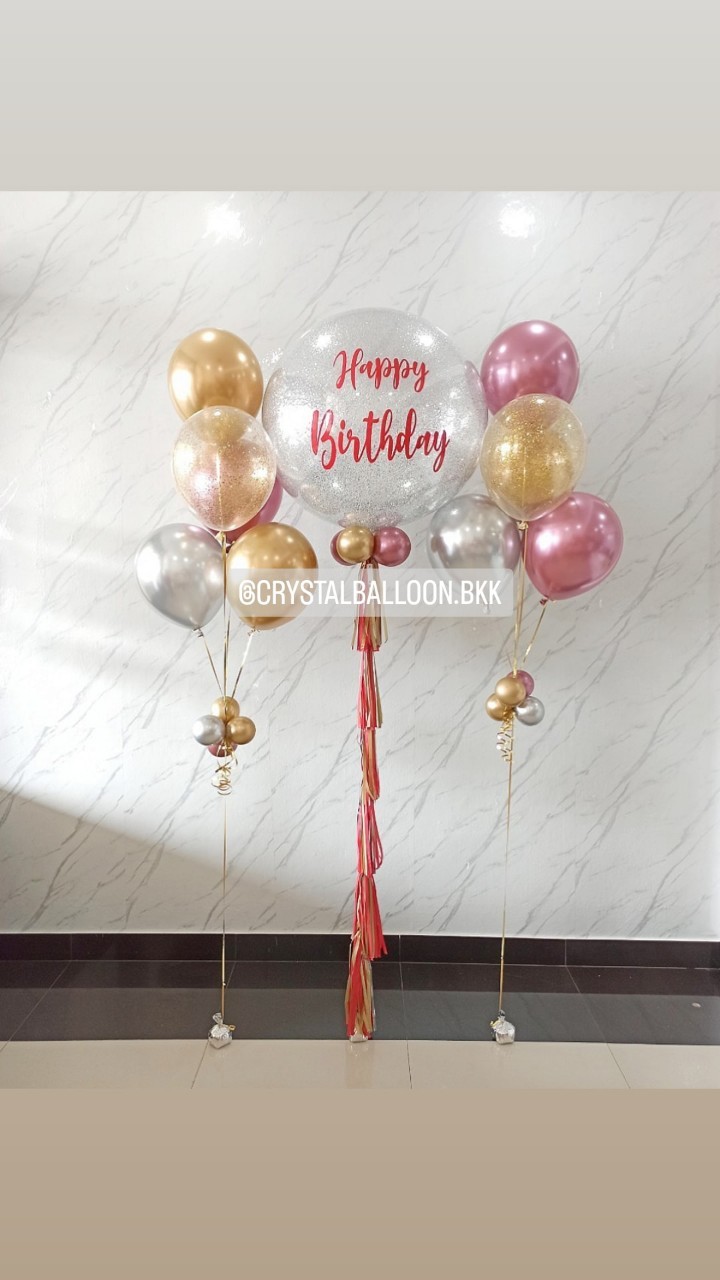 ลูกโป่ง วันเกิด Bubble ขนาด 36" กลิตเตอร์สีเงิน พร้อมตกแต่ง ช่อลูกโป่งโครเมี่ยม ช่อ 5 ลูก 2 ช่อ,ลูกโป่งใส ใส่กลิตเตอร์ สามารถเปลี่ยนสีลูกโป่ง/เปลี่ยนข้อความ/เปลี่ยนขนาดได้