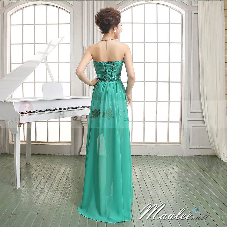 พร้อมเช่า ชุดราตรีสั้น เกาะอก สีเขียวเข้ม เข้ารูปปักเลื่อม อกแต่งผ้าชีฟอง หางปลาสามารถถอดได้