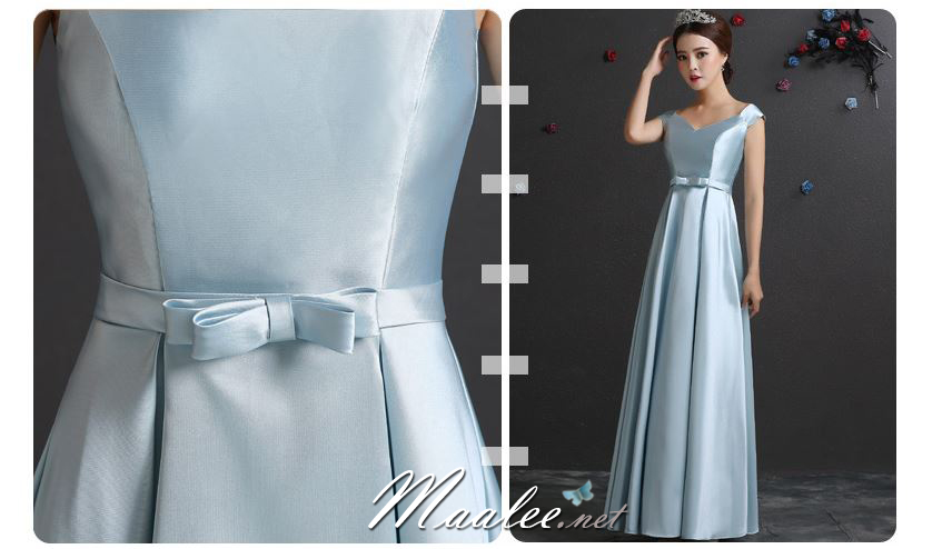 พร้อมเช่า ชุดราตรียาว ชุดเพื่อนเจ้าสาว สีฟ้า แบบ E ไหล่ปาด ผ้าซาติน มีโบว์ช่วงเอว (เชือกผูกด้านหลัง)