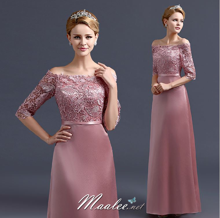 พร้อมเช่า ชุดราตรียาว แบบปาดไหล่ สีชมพูNude ผ้าซาติน แต่งลูกไม้ (เชือกผูกหลัง)