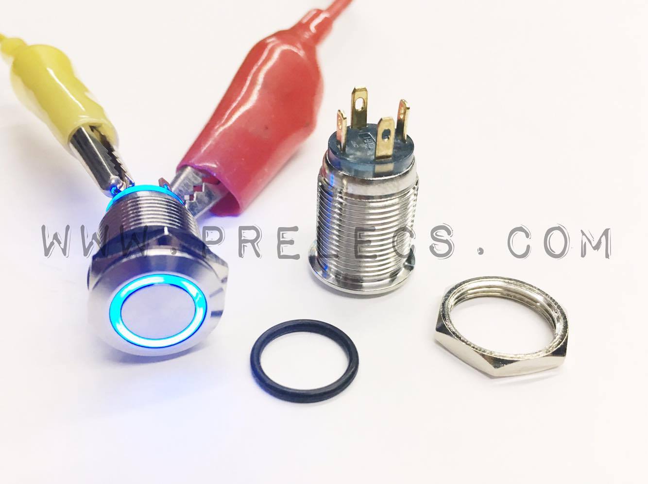 Switch กดติดปล่อยดับ 12mm มีไฟวงแหวนสีฟ้า 3V