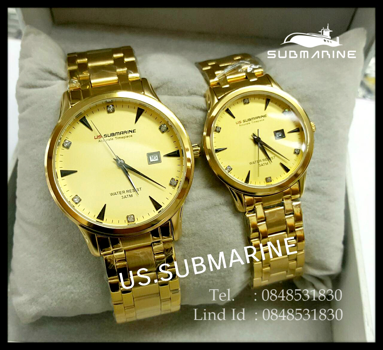 นาฬิกาคู่ US submarine รุ่น J116MD เรือนสีทองหน้าปัดสีทอง เเลขเพชร แพคคู่