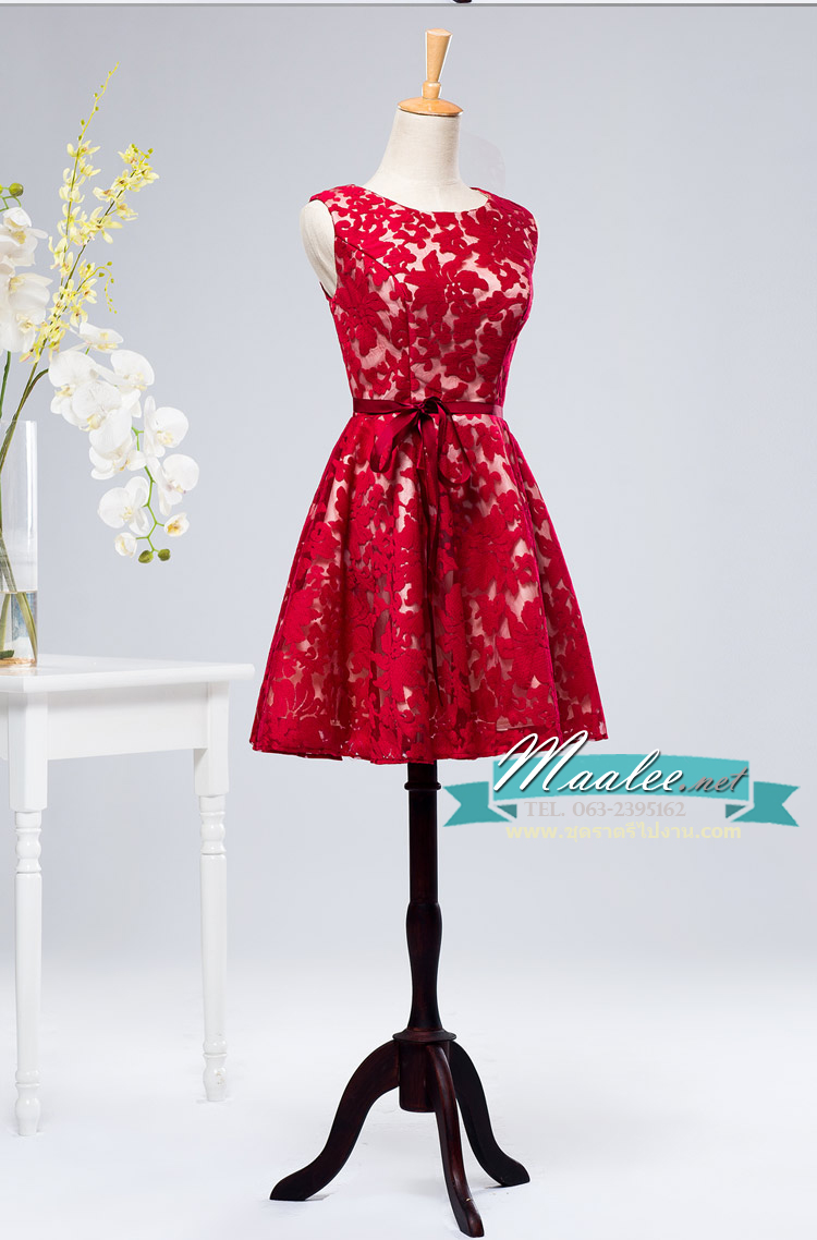 พร้อมเช่า ชุดราตรีสั้น แขนกุด สไตล์สวยหวาน 3มิติ กระโปรงพองนิดๆ สีไวน์แดง (ซิปหลัง)