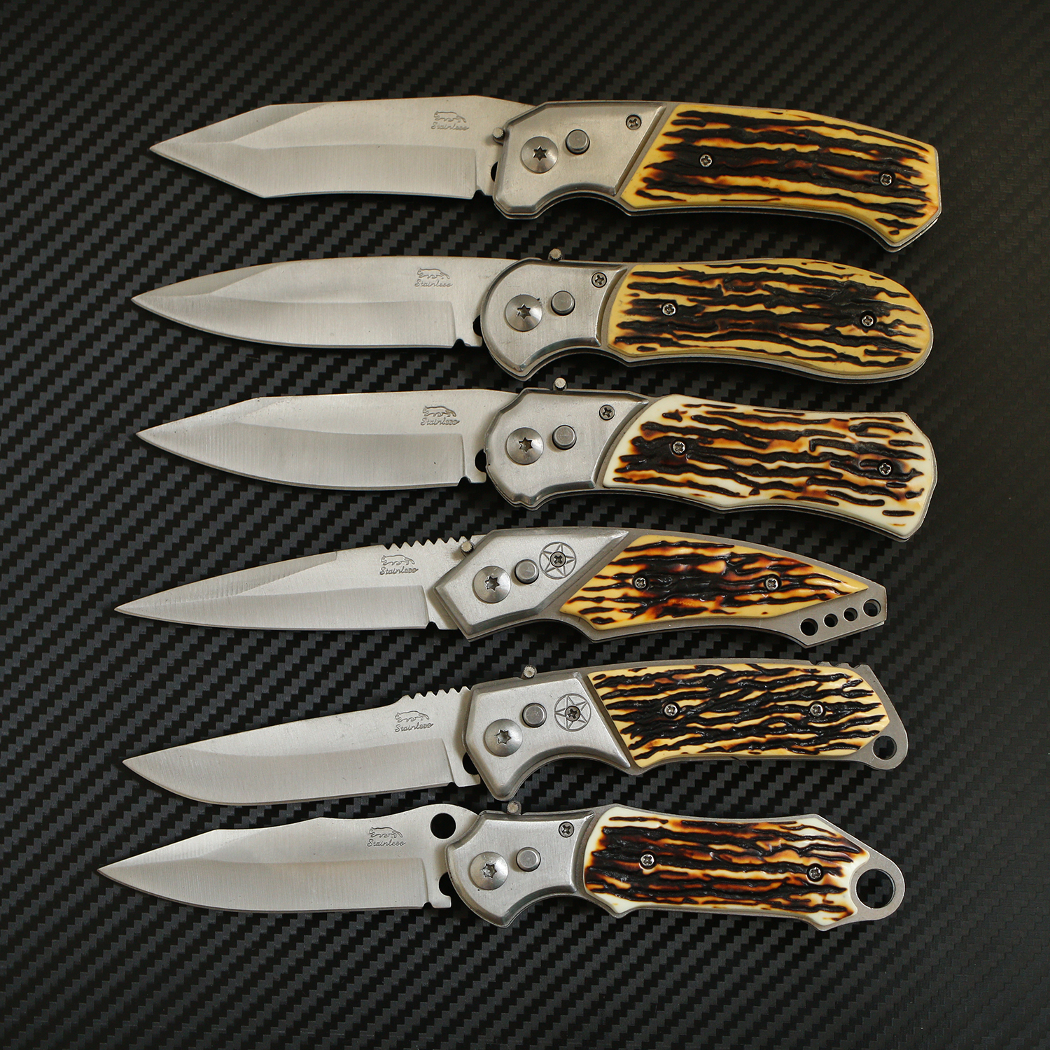 มีดพับสปริง #JR01 STAINLESS ขนาดกลาง พกพา ด้ามลายเขาสัตว์เทียม ราคาประหยัด