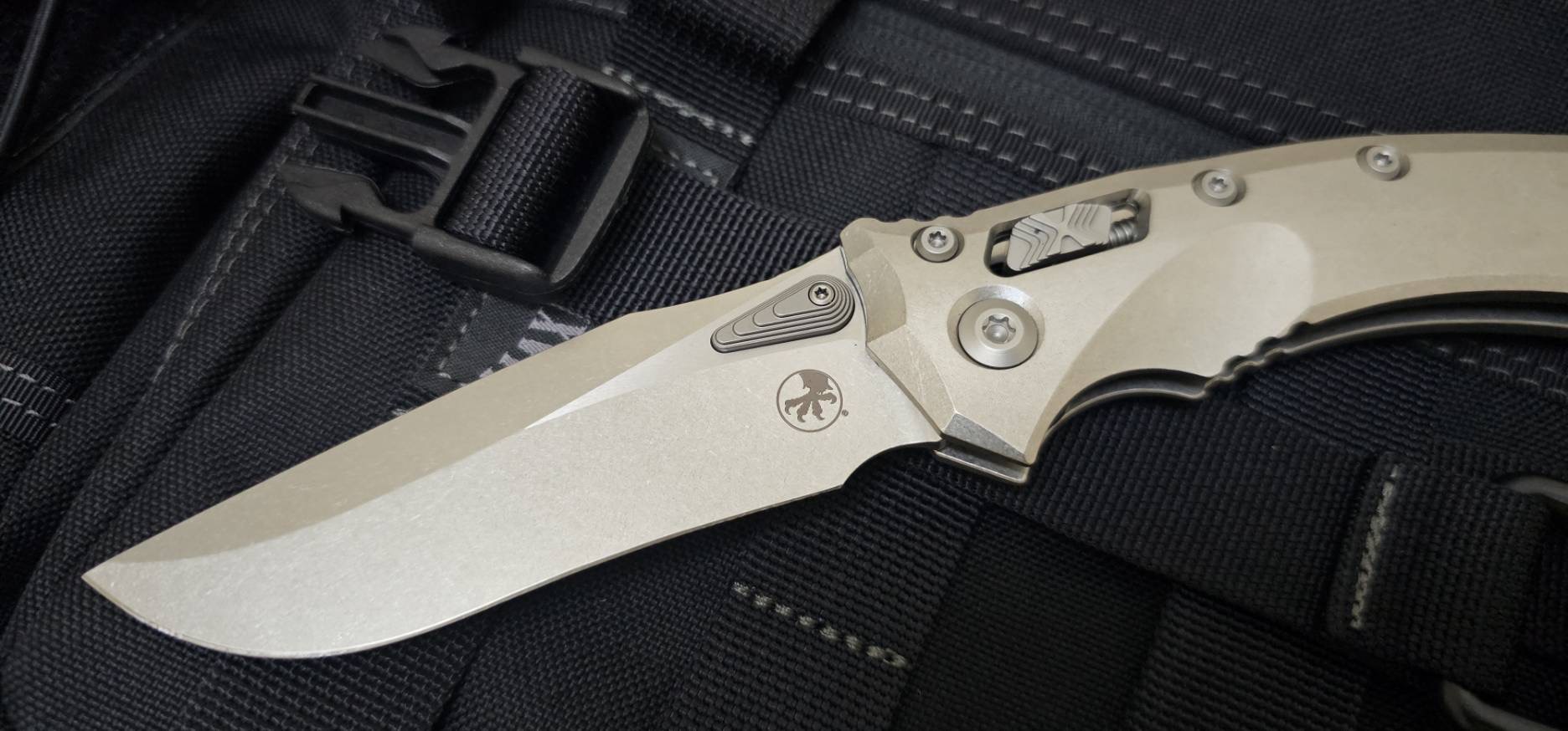 Microtech Amphibian Ram-Lok - Bronze Backspacer - Marfione Select - Stonewashed Titanium - Stonewash Blade