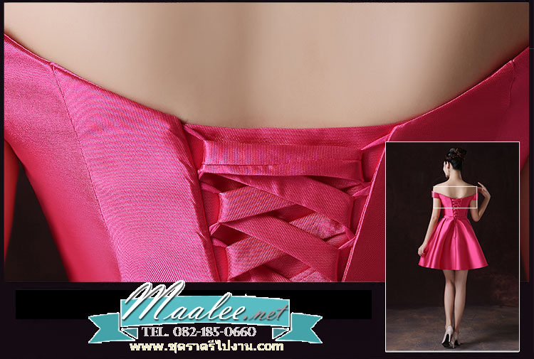 พร้อมส่ง ชุดราตรีสั้น แบบปาดไหล่ ผ้าซาตินเรียบหรู กระโปรงทรงA แต่งโบว์2ชั้น ช่วงเอว สีชมพู Hot pink (เชือกผูกหลัง)
