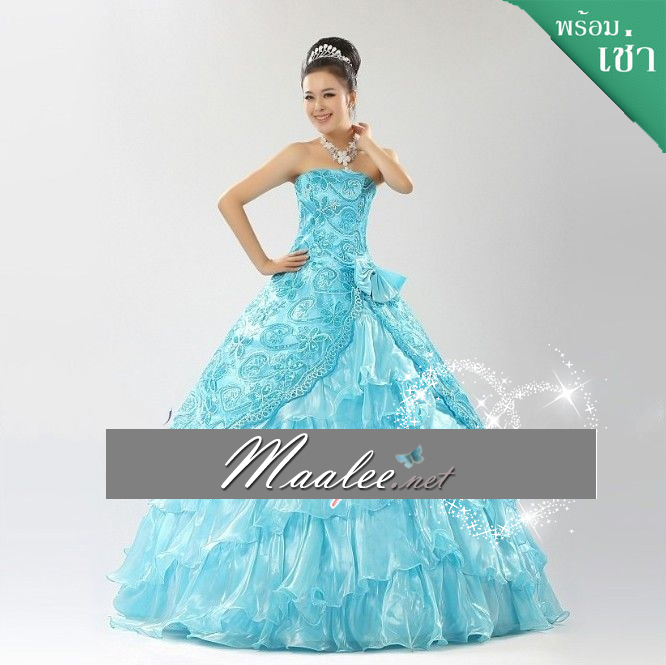 พร้อมเช่า ชุดแฟนซี ชุดราตรียาว สีฟ้า ผ้าแก้วพิมพ์ลายสวย กระโปรงแต่งระบาย