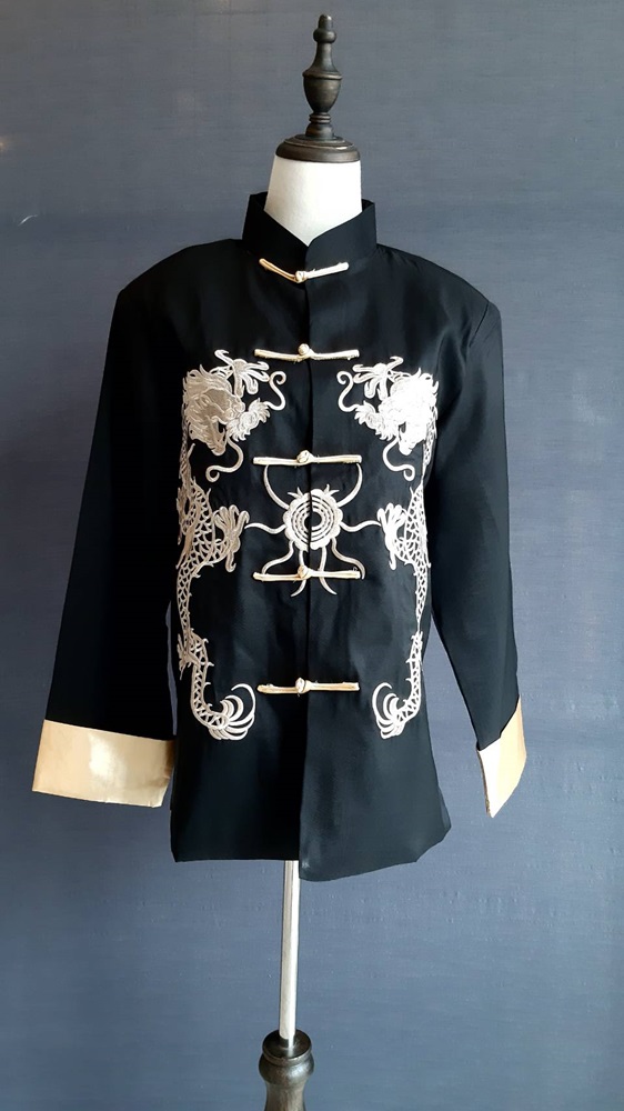 Pre-order ชุดจีน ชาย เสื้อคอจีน ผ้าไหมจีน สีดำ ปักลายมังกร