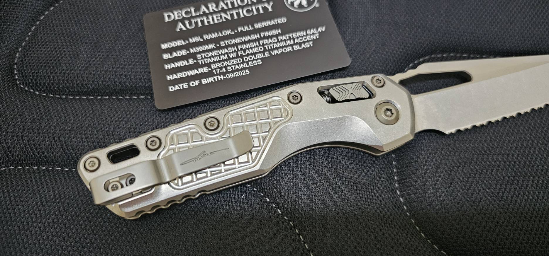 Microtech Marfione Select MSI RAM LOK Frag Titanium Handles w/ Double Vapor Blast & Flamed Accents & Full Serrated Stonewash M390MK