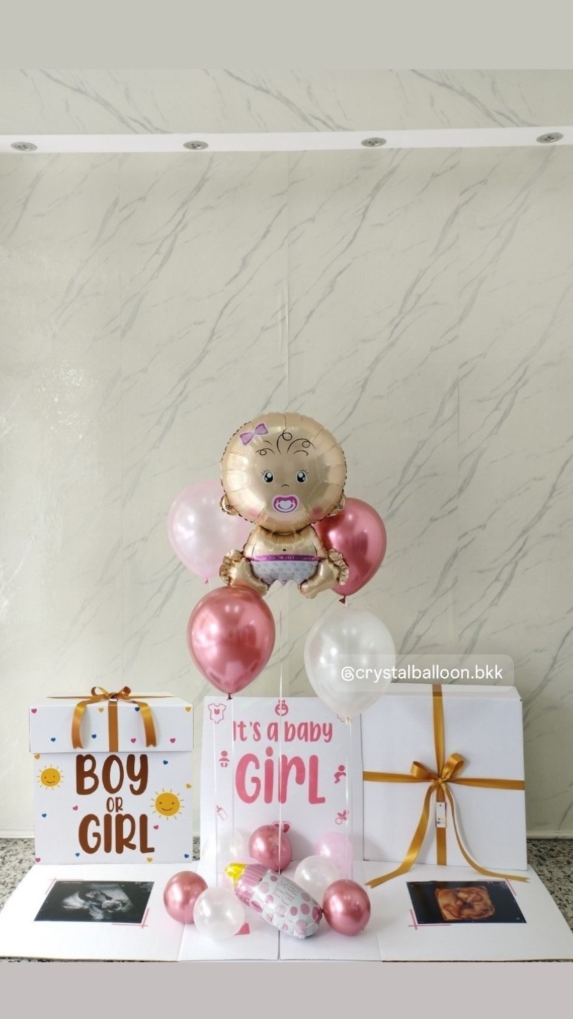 Surprised Box กล่องทายเพศ พร้อมตกแต่ง ลูกโป่ง 4 ลูก ฟอยล์เด็กทารก 1 ชิ้น,สามารถใส่รูปได้ 2 รูป สามารถเปลี่ยนสีลูกโป่ง/เปลี่ยนสี-ฟอยล์ตกแต่ง/เปลี่ยนข้อความได้