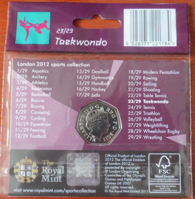 เหรียญที่ระลึก การแข่งขันกีฬาโอลิมปิก - โอลิมปิก ลอนดอน 2012; THE ROYAL MINT ชนิด 50 เพนซ์ ลายเทควันโด้ ใหม่ / OLYMPICS International Sports Tournament Souvenir Coin - OLYMPICS LONDON 2012; THE ROYAL MINT 50 Pence TAEKWONDO NEW