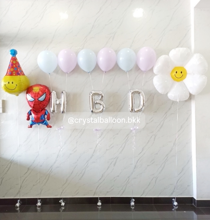 ลูกโป่ง วันเกิดเด็ก ฟอยล์ตัวอักษร ขนาด 16" 3 ตัวอักษร พร้อม ลูกโป่ง 6 ลูก พร้อม ฟอยล์เดซี่ 1 ชิ้น , ฟอยล์ Spider Man 1 ชิ้น , ฟอยล์หน้ายิ้ม 1 ชิ้น พร้อมตกเเต่ง สามารถเปลี่ยนสีลูกโป่ง/เปลี่ยนสี-ฟอยล์ตัวอักษรตกเเต่งได้