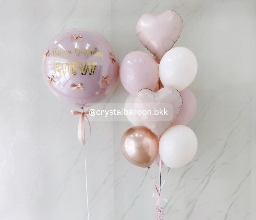 ลูกโป่ง วันเกิด ลูกโป่งยาง ขนาด 24" สี Dusk Pink 1 ลูก พร้อม ประดับโบว์จิ๋ว 6 ชิ้น พร้อม ช่อลูกโป่งฟอยล์หัวใจ ขนาด 18" ช่อ 10 ลูก 1 ช่อ พร้อมตกแต่ง สามารถเปลี่ยนสีลูกโป่ง/เปลี่ยนข้อความ/เปลี่ยนสี-ฟอยล์ตกแต่งได้