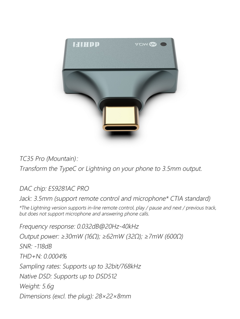 ขาย DD TC35 PRO (Mountain) แจ็คแปลง TypeC/Lightning ให้รองรับหูฟัง 3.5mm