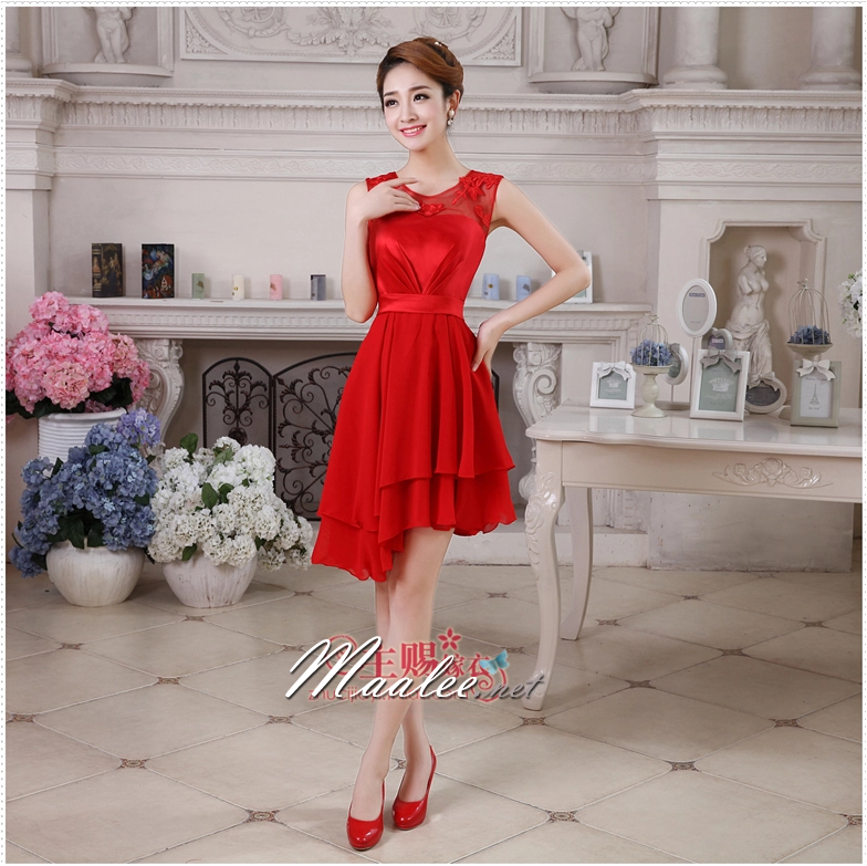 พร้อมส่ง ชุดราตรีสั้น ลูกไม้ สีแดง กระโปรงระบาย