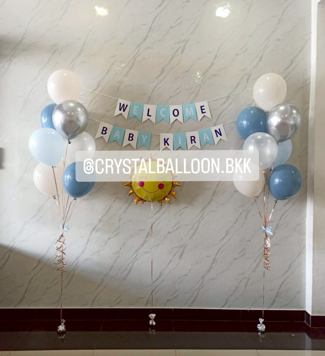 ลูกโป่ง Welcome Baby ลูกโป่งช่อ 7ลูก 2ช่อ พร้อม ป้ายธง 16 ตัวอักษร, ฟอยล์พระอาทิตย์ เป่าลอยตั้งพื้น 1ชิ้น พร้อมตกแต่ง สามารถเปลี่ยนสีลูกโป่ง/เปลี่ยนข้อความ/เปลี่ยนขนาด/เปลี่ยนสี-ป้ายธงได้