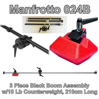 คานน้ำหนัก Manfrotto 024B (ไม่มีขาตั้ง) พร้อมลูกน้ำหนักเหล็ก ปลายคานปรับมุมไม่ได้ ใช้ติดตั้งหัวไฟ สำหรับตีไฟมุมสูง 3 Piece Black Boom Assembly w/10 Lb Counterweight, 6.5' Long ประกันศูนย์ 5 ปี