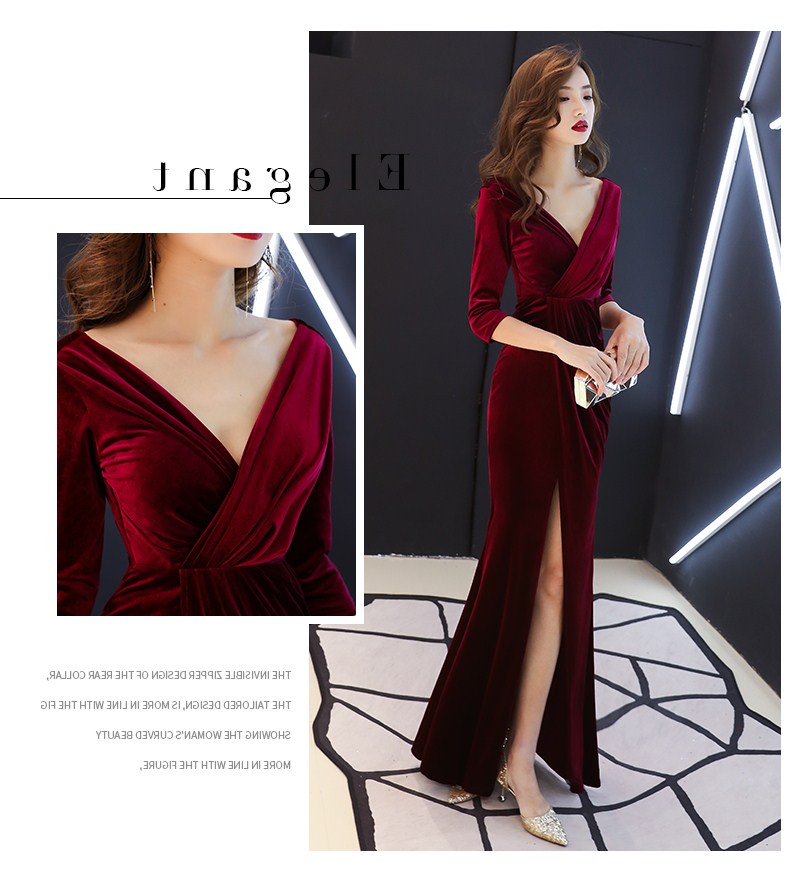 พร้อมส่ง ชุดราตรียาว กำมะหยี่แขนยาว เดรสยาวทรงหางปลา สีไวน์แดง