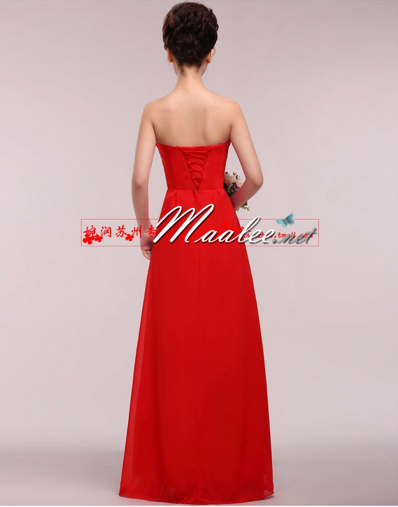 พร้อมเช่า ชุดราตรียาว แบบเกาะอก ผ้าชีฟอง ช่วงอกอัดพลีท แต่งดอกที่เอว สีแดง