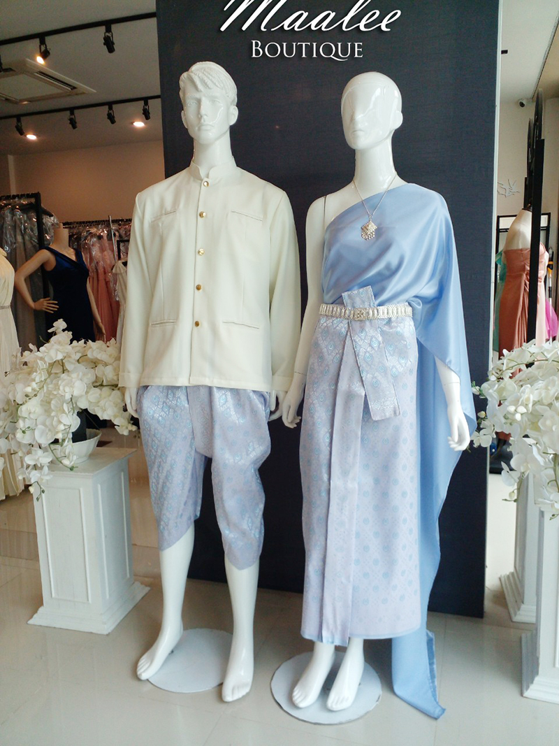 เช่า ชุดไทย ชุดเพื่อนเจ้าสาว ชุดไทยผ้าถุงสีชมพูฟ้าเงิน สไบเรียบสีเทาฟ้า