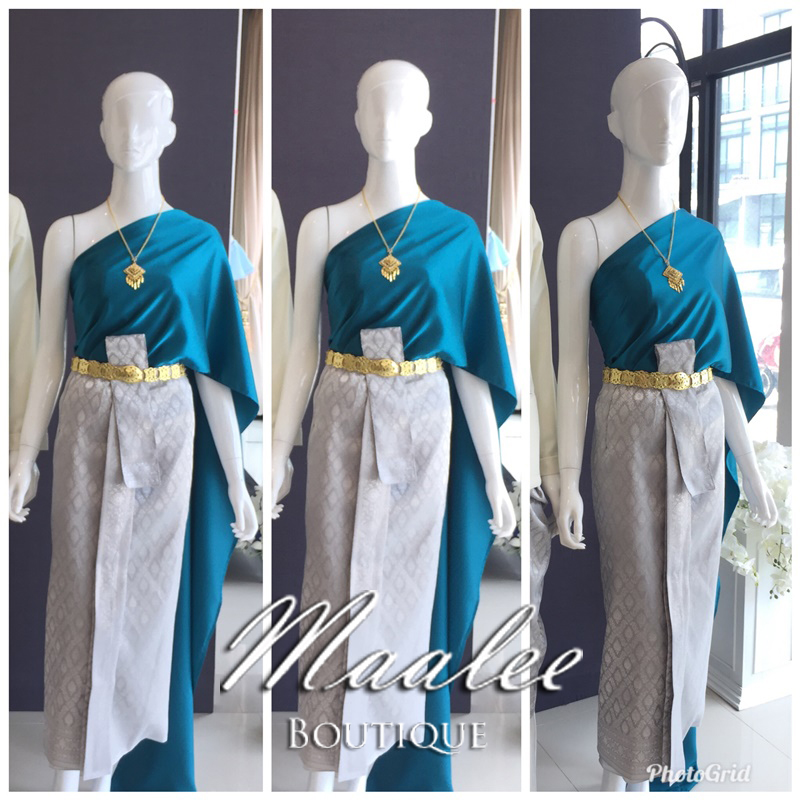 เช่า ชุดไทย ชุดเพื่อนเจ้าสาว ชุดไทยผ้าถุงสีเทาเงิน สไบเรียบสีน้ำทะเล