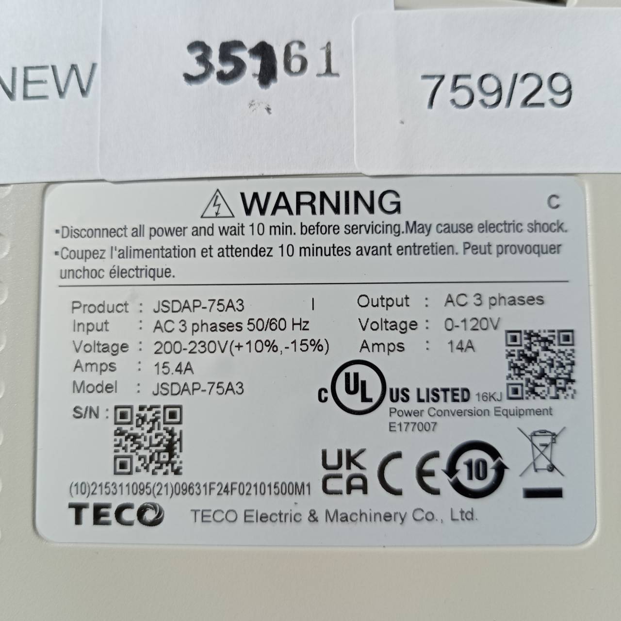 JSDAP-75A3 SERVO DRIVE " TECO "