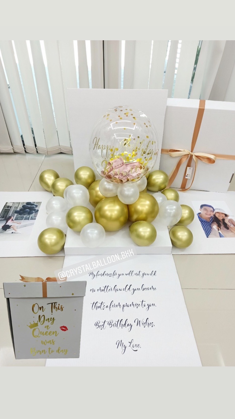 Surprise Box กล่องเซอร์ไพรส์วันเกิด สำหรับสายเปย์ Bubble ตั้งฐาน สามารถใส่เงินได้ โทนสี ทอง พร้อมตกแต่ง สามารถใส่รูปได้ 2 ใบ