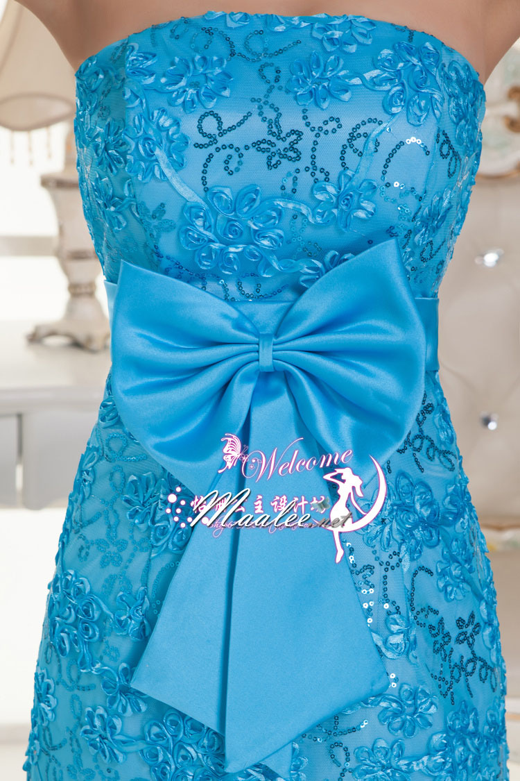 พร้อมส่ง ชุดราตรียาว เกาะอก สีฟ้า ลูกไม้ริบบิ้นปักเลื่อม ทรงหางปลาพร้อมโบว์คาดเอว