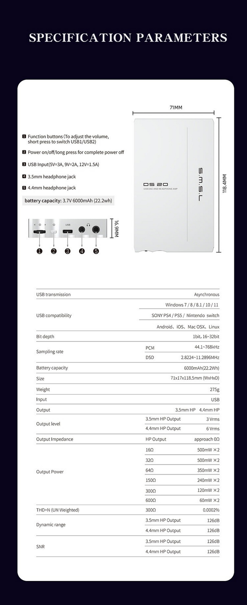 SMSL DS20 DAC/AMP พกพา ชิป CS43131 x4 รองรับ MQA, Hi-Res ประกันศูนย์ไทย