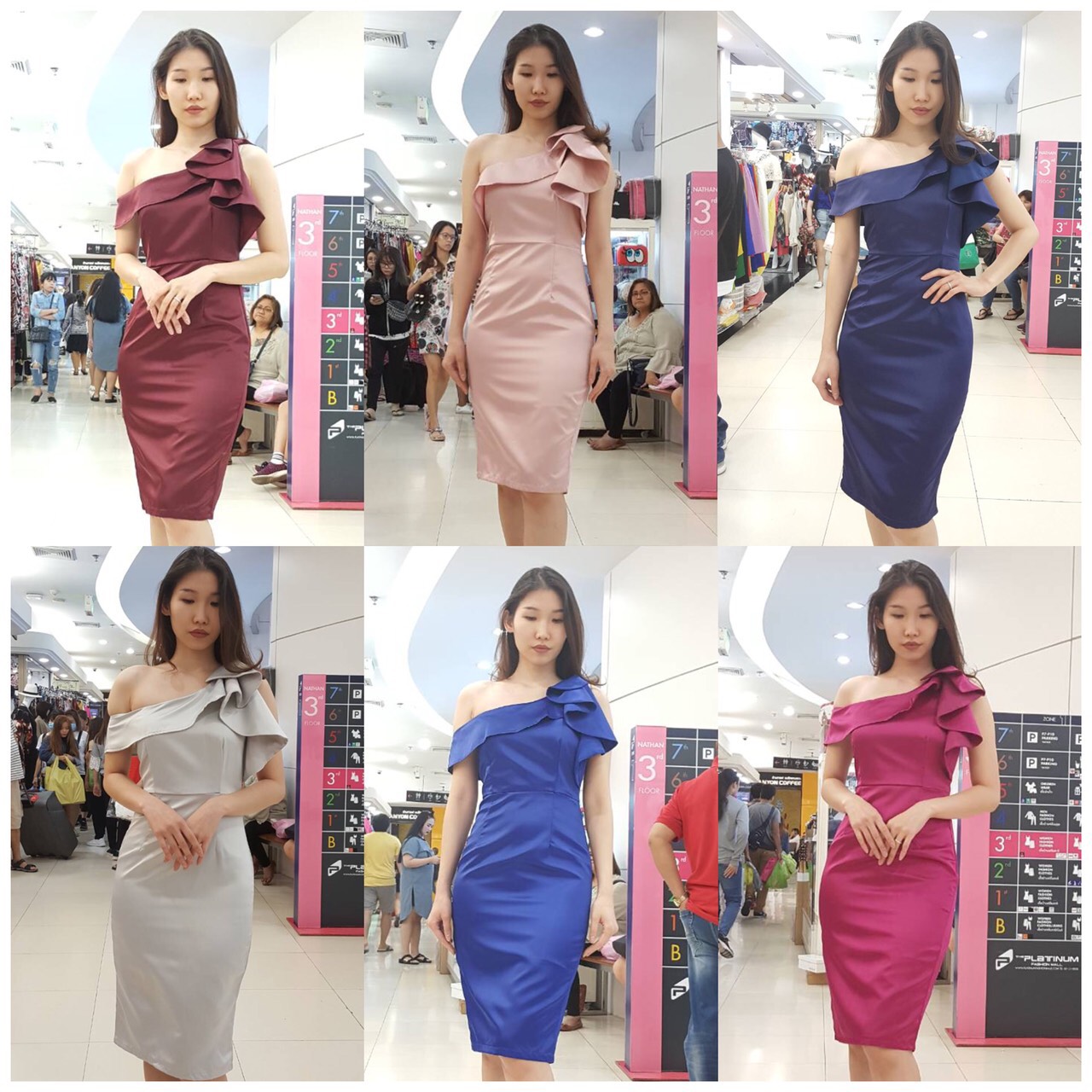 พร้อมเช่า ชุดเดรสสั้น ไหล่เดียว แต่งระบาย โบว์ที่ไหล่ ผ้า silk polyester สีชมพู