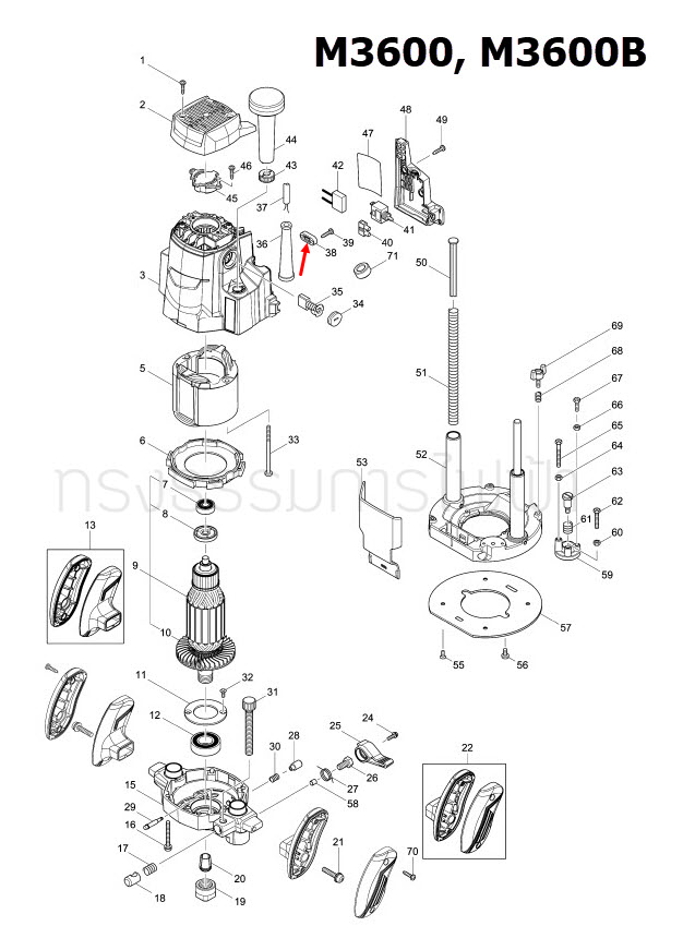 STRAIN RELIEF Maktec มาคเทค, Makita มากีต้า MT650 [#19], MT651 [#25], MT813 [#43], MT910 [#36], M1100, M1100KX1B, VC3210L [#35], M3600, M3600B [#38], 4327, 4329 [#54], M4101B, M6002, M6002B [#20], M6500, M6500B Pn.687124-5 (แท้) ##
