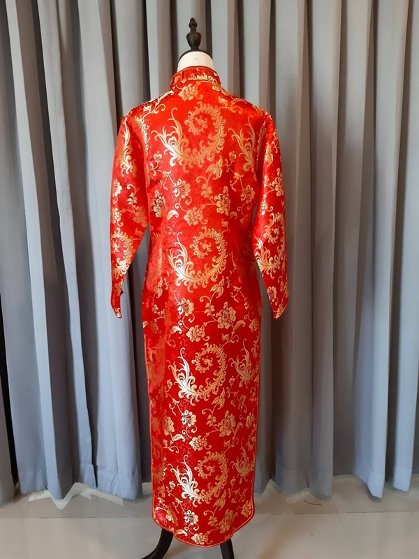 Pre-order กี่เพ้า ผ้าไหมจีน สีแดง แขนยาว ลายนกฟินิกซ์ ตัดเย็บอย่างดี
