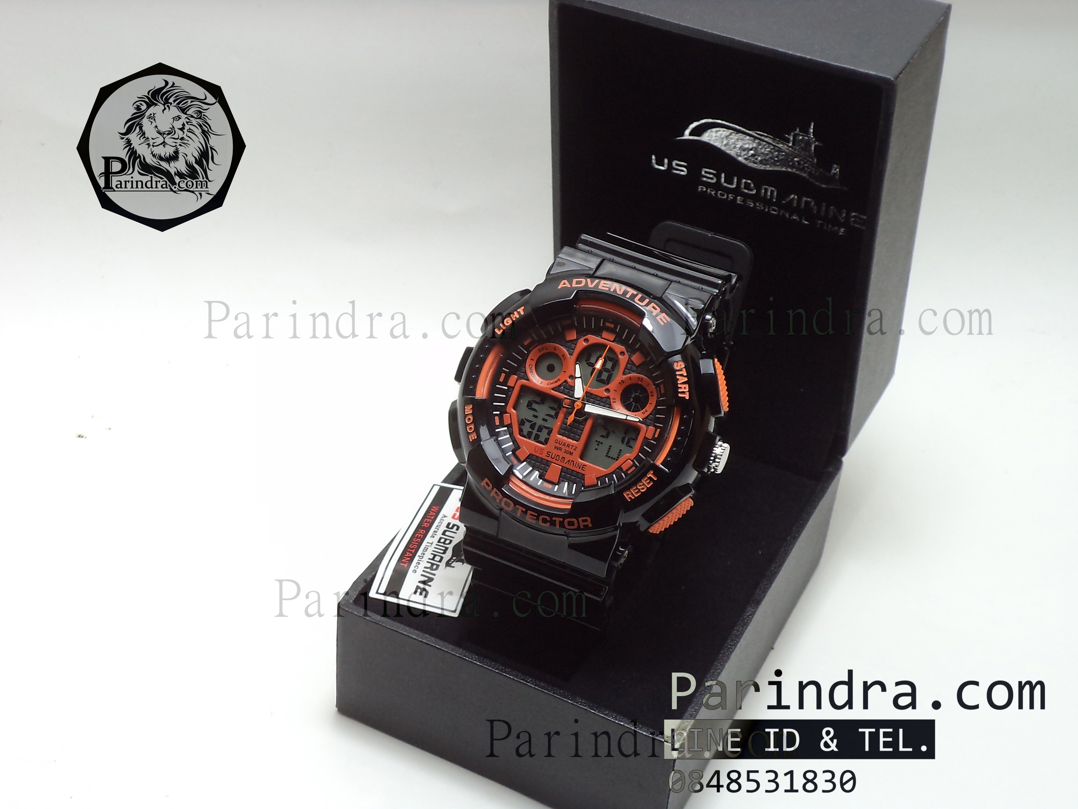 นาฬิกา US submarine Adventure Protector รุ่น TP3129M สีดำตัดส้มผิวมัน พื้นหลังเทา