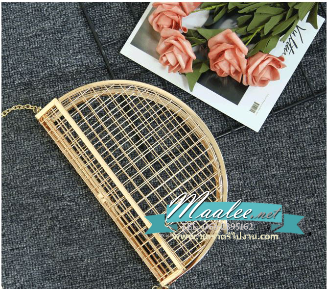 พร้อมส่ง Evening Clutch กระเป๋าออกงาน สีทอง แบบโปร่งลายตาราง ใส่ของได้เยอะ พร้อมสายโซ่