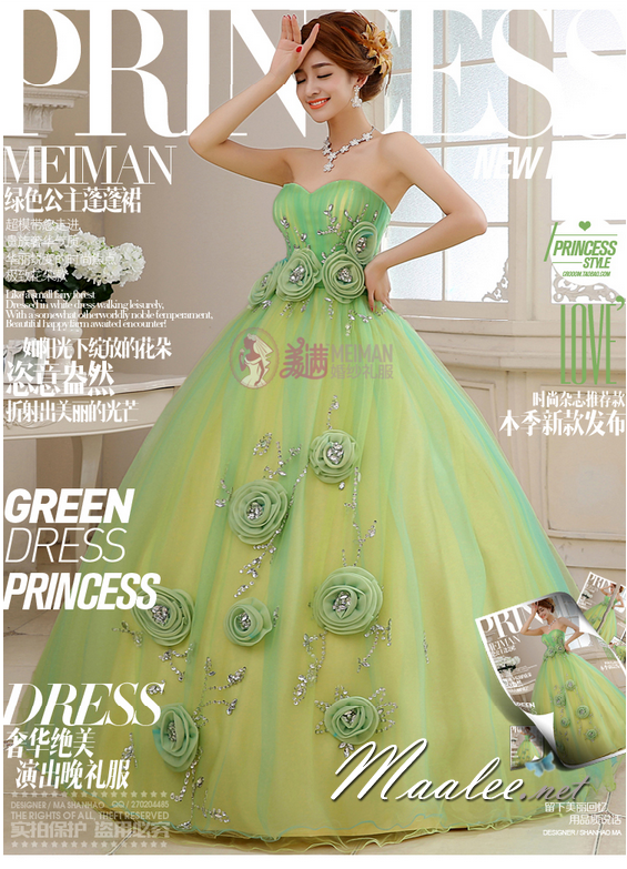 พร้อมเช่า ชุดแฟนซี เกาะอก สีเขียว อกจับจีบปักเลื่อม และดอก น่ารักมาก ใส่ถ่ายพรีเวดดิ้งได้