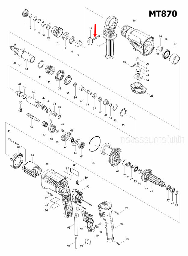 THUMB SCREW M6X52 สว่านโรตารี่ Maktec, Makita MT870, MT871, M8701, M8701B [#13] Pn.265795-4 (แท้) ##