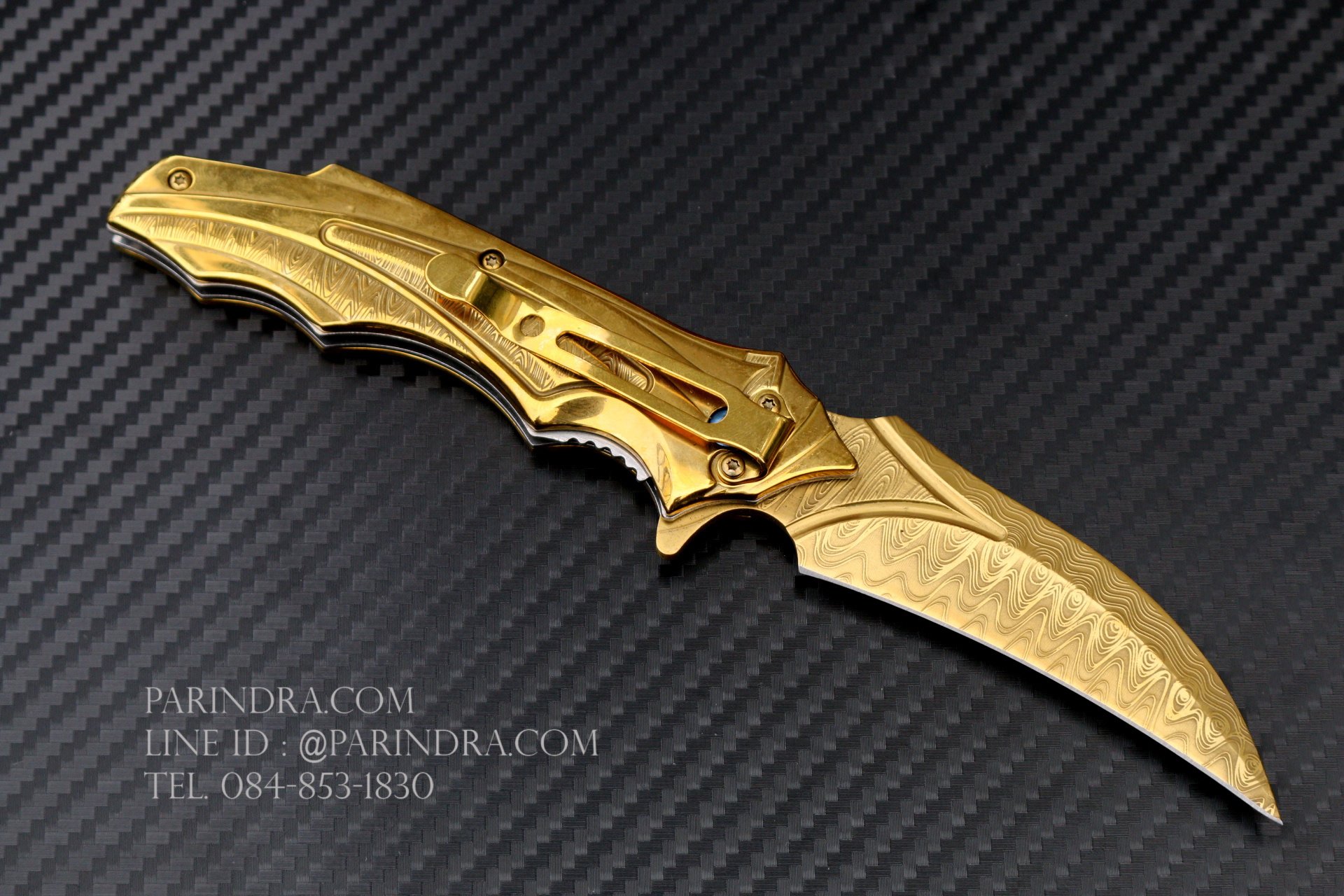 มีดพับทรงใบโค้ง ใบลายดามัสกัส สีทอง สวยมาก