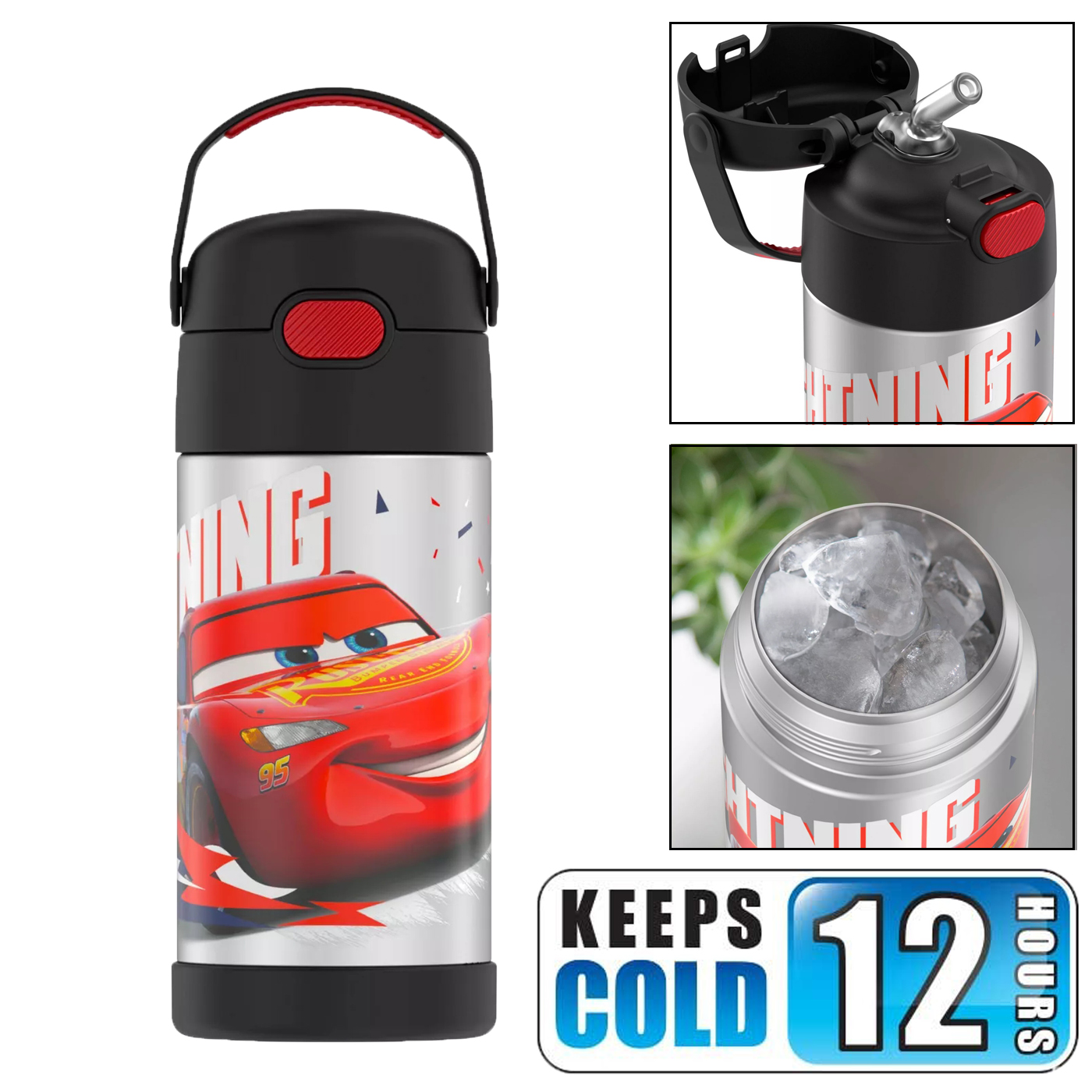 กระติกน้ำเก็บความเย็น มีหูหิ้ว Thermos Cars 12oz FUNtainer Water Bottle - Black/Silver