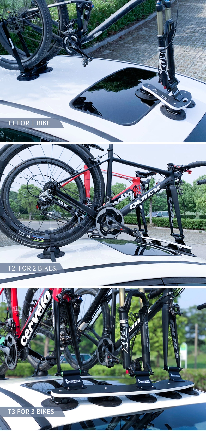 แร็คหลังคาแบบดูด สำหรับบรรทุกจักรยาน แร๊คจักรยาน TreeFrog Bicycle Racks Pro 3, สำหรับจักรยาน 3 คัน, มาตรฐาน CE+TUV