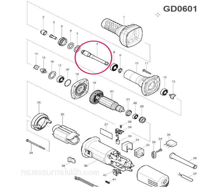 แกนหินเจียรคอตรง Maktec-Makita MT910, M9100B, GD0600, GD0601 P/N.324638-0 (แท้) #H14