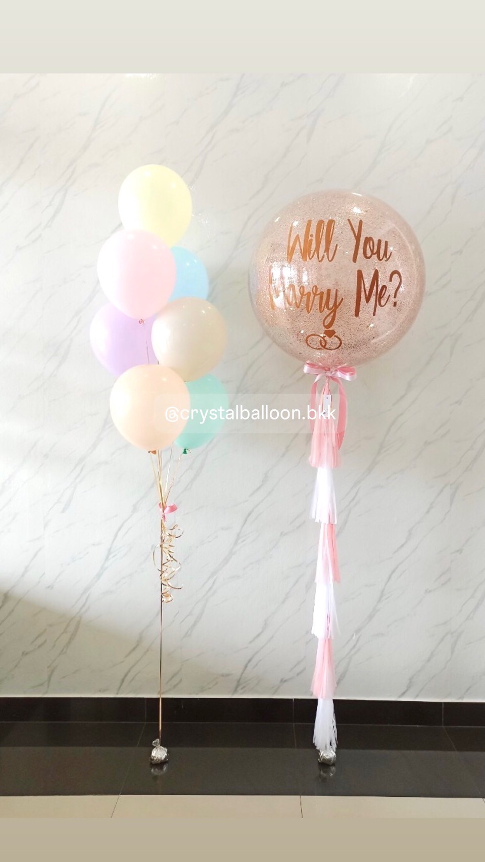 ลูกโป่ง Will You Marry Me? Bubble ขนาด 36" กลิตเตอร์สีโรสโกล 1 ลูก พร้อม ช่อลูกโป่ง 7 ลูก 1 ช่อ พร้อมตกแต่ง สามารถเปลี่ยนสีลูกโป่ง/เปลี่ยนข้อความ/เปลี่ยนขนาดได้