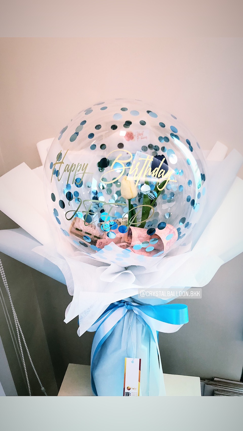 Flower Balloon Happy Birthday ดอกทิวลิป Bubble ขนาด 18" พร้อมตกแต่ง สามารถใส่เงินได้ สามารถเปลี่ยนข้อความ/เปลี่ยนสีได้