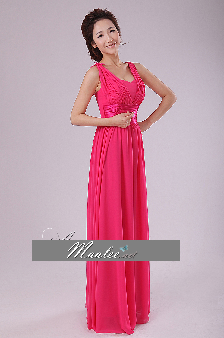 พร้อมส่ง ชุดราตรียาว สไตล์กรีก ผ้าชีฟอง สีชมพู Hot Pink คาดเอวผ้าซาติน เรียบหรู