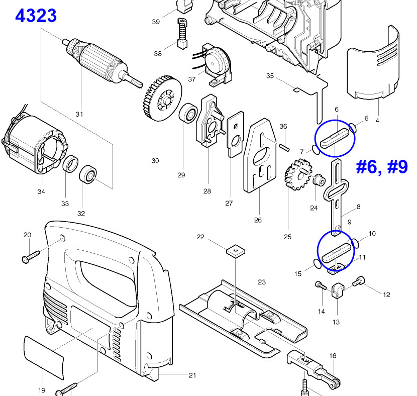 เหล็กประคอง แกนชักบน-ล่าง Makita มากีต้า, Maktec มาคเทค 4323 , 4324 , 4327, 4329, MT431, M4301, M4301B Pn.313082-6 (แท้) #A13(*)